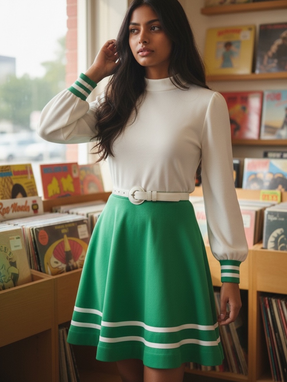 60s J HARLAN GREEN & WHITE COLORBLOCK WBELTED KNEE LENGTH DRESS RETRO SZ M
